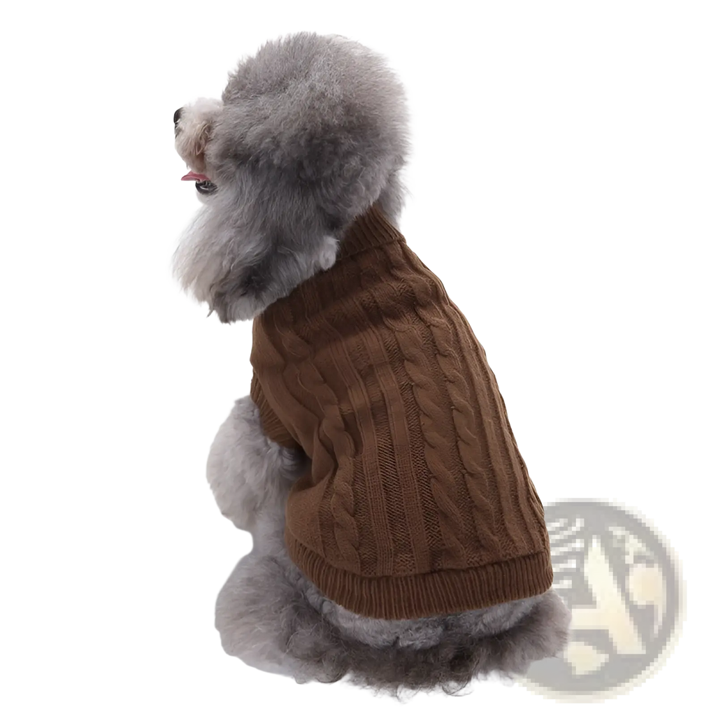 Brown cable knit wool dog sweater designed for warmth available in sizes xs to l shown from the back side