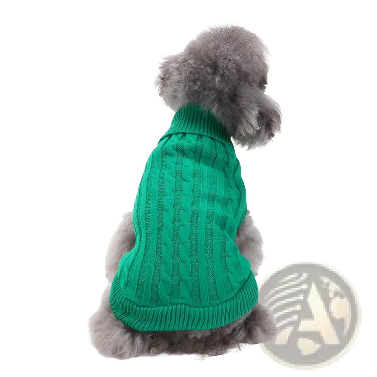 Green cable-knit wool sweater for a dog designed as warm pet apparel available in xs to l sizes