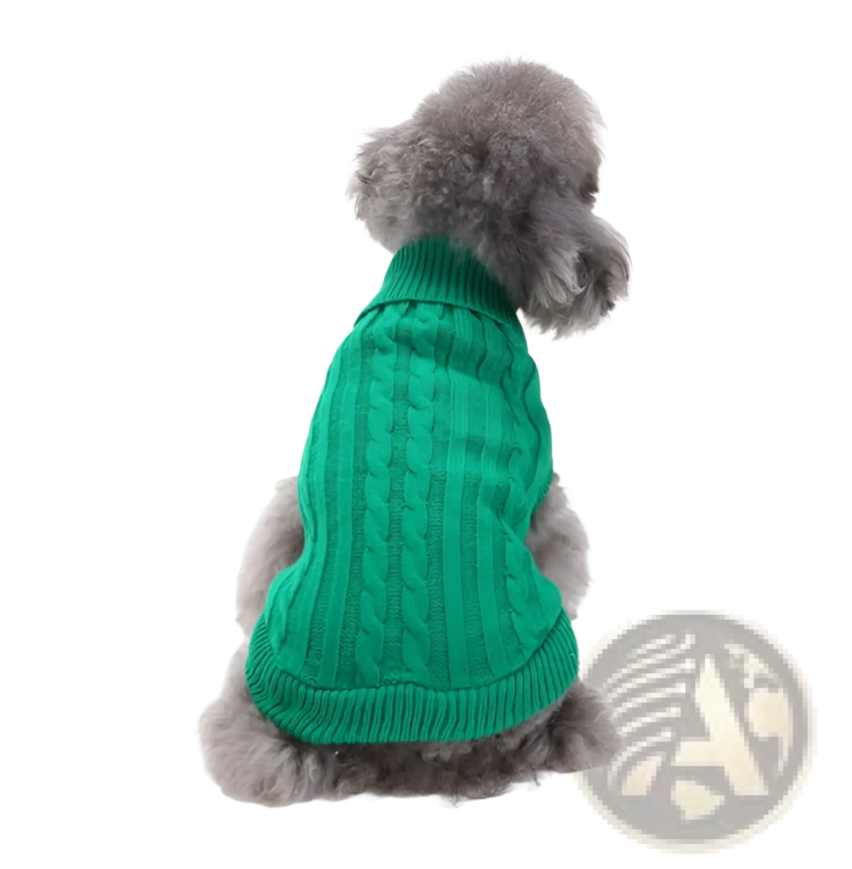 A vibrant green cable knit wool dog sweater featuring a snug fit and textured pattern for warmth and style