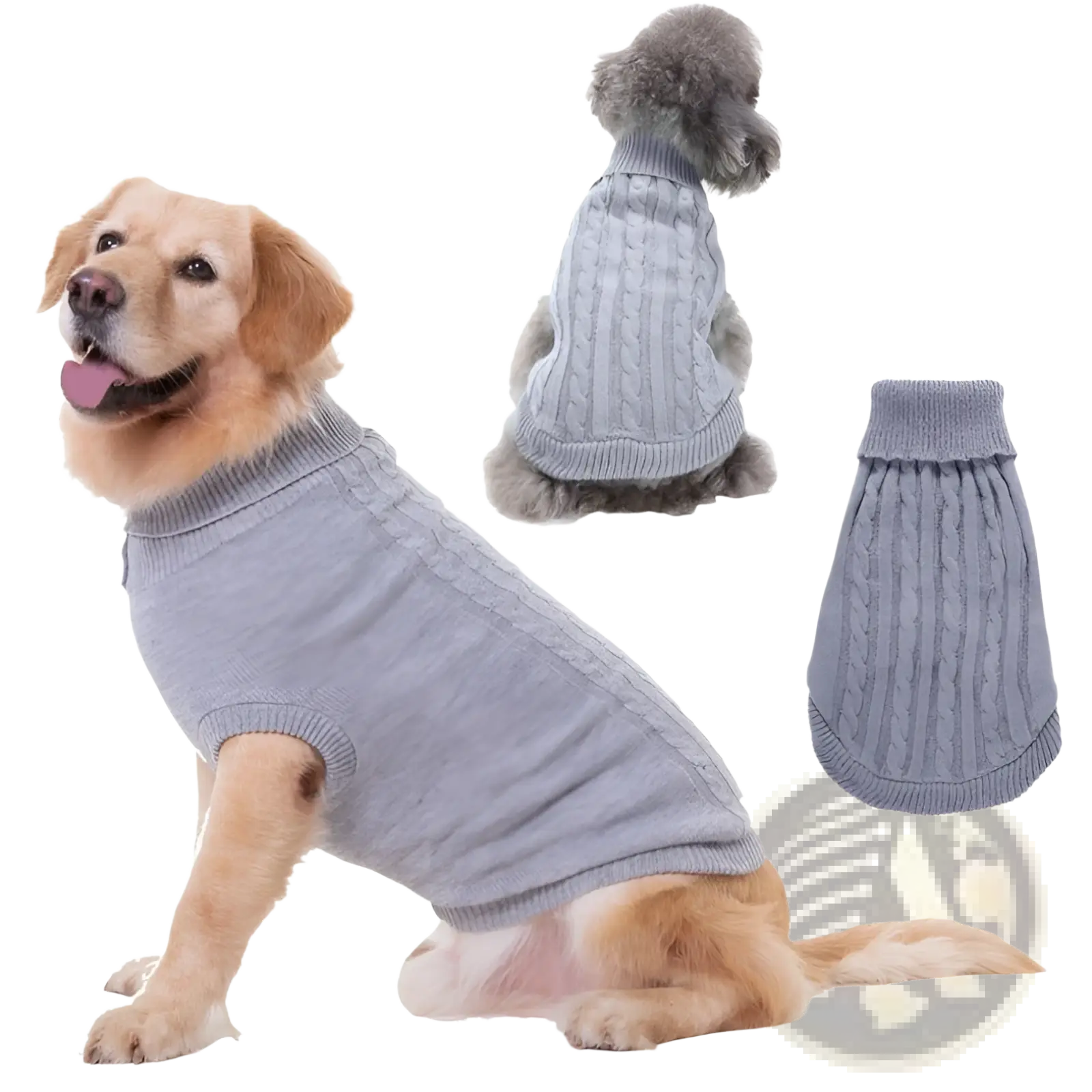 Gray cable knit dog sweater with ribbed cuffs and neckline made of warm wool for pet apparel xs to l sizes