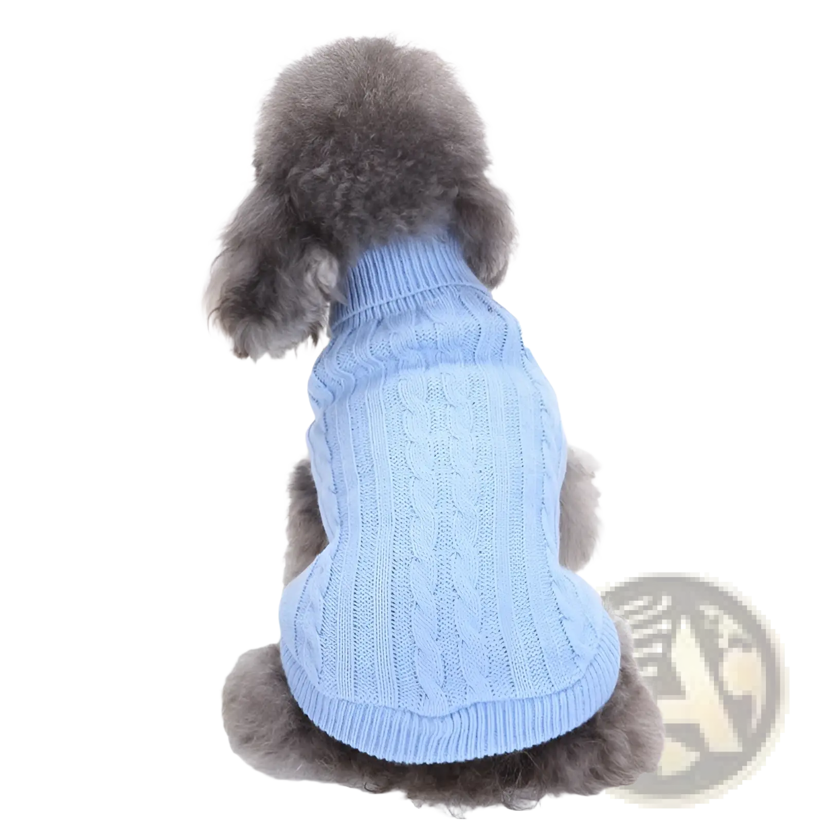 Light blue cable knit wool dog sweater designed for warmth and comfort in sizes xs to l