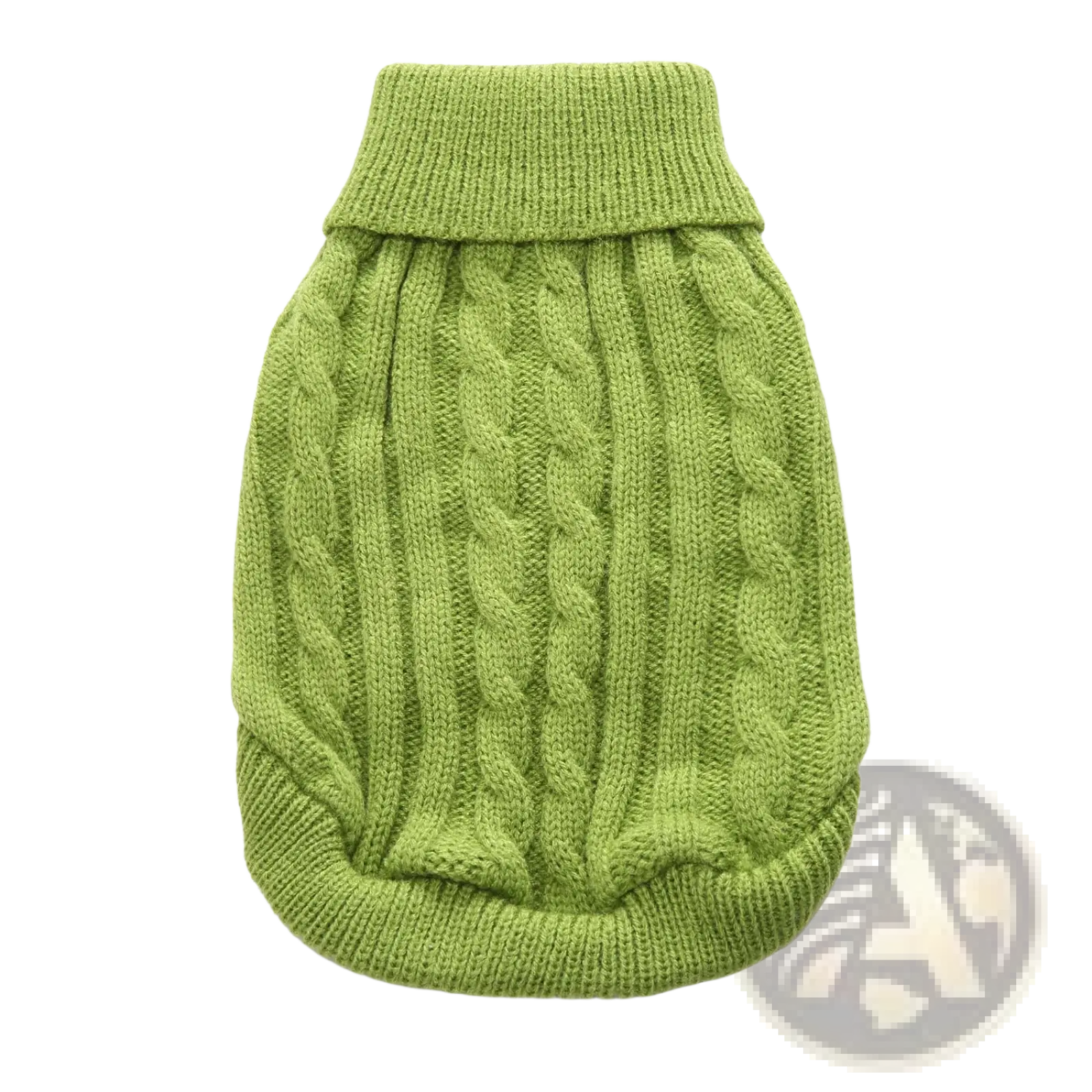 A lime green cable knit wool dog sweater with ribbed collar and cuffs for warm pet apparel sizes xs to l