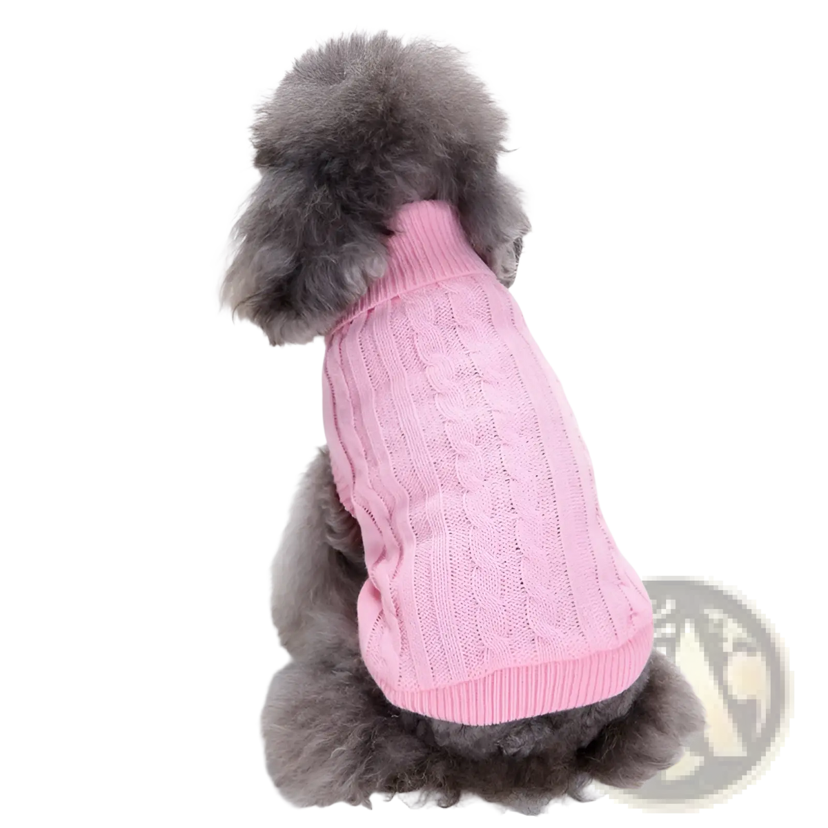 Pink cable knit warm wool dog sweater for pet apparel available in sizes xs to l shown from the back side