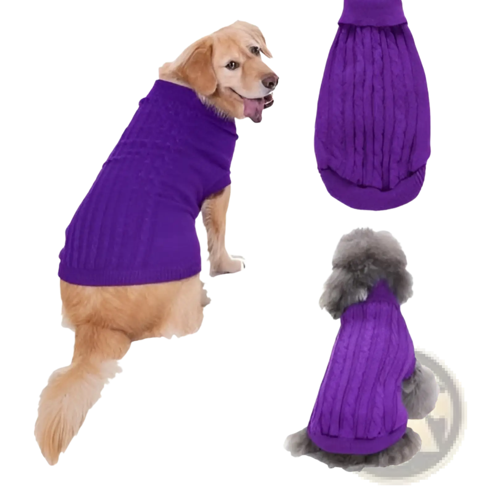 Purple wool dog sweater with cable knit ribbed texture and cozy fit available in sizes XS to L