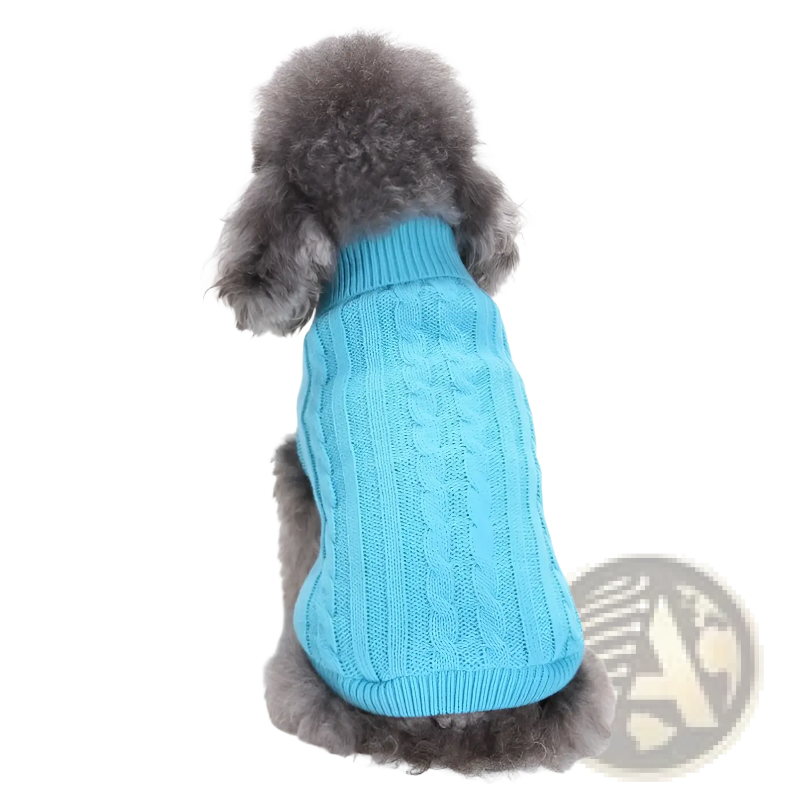 A light blue cable knit wool dog sweater designed for warmth in sizes xs to l