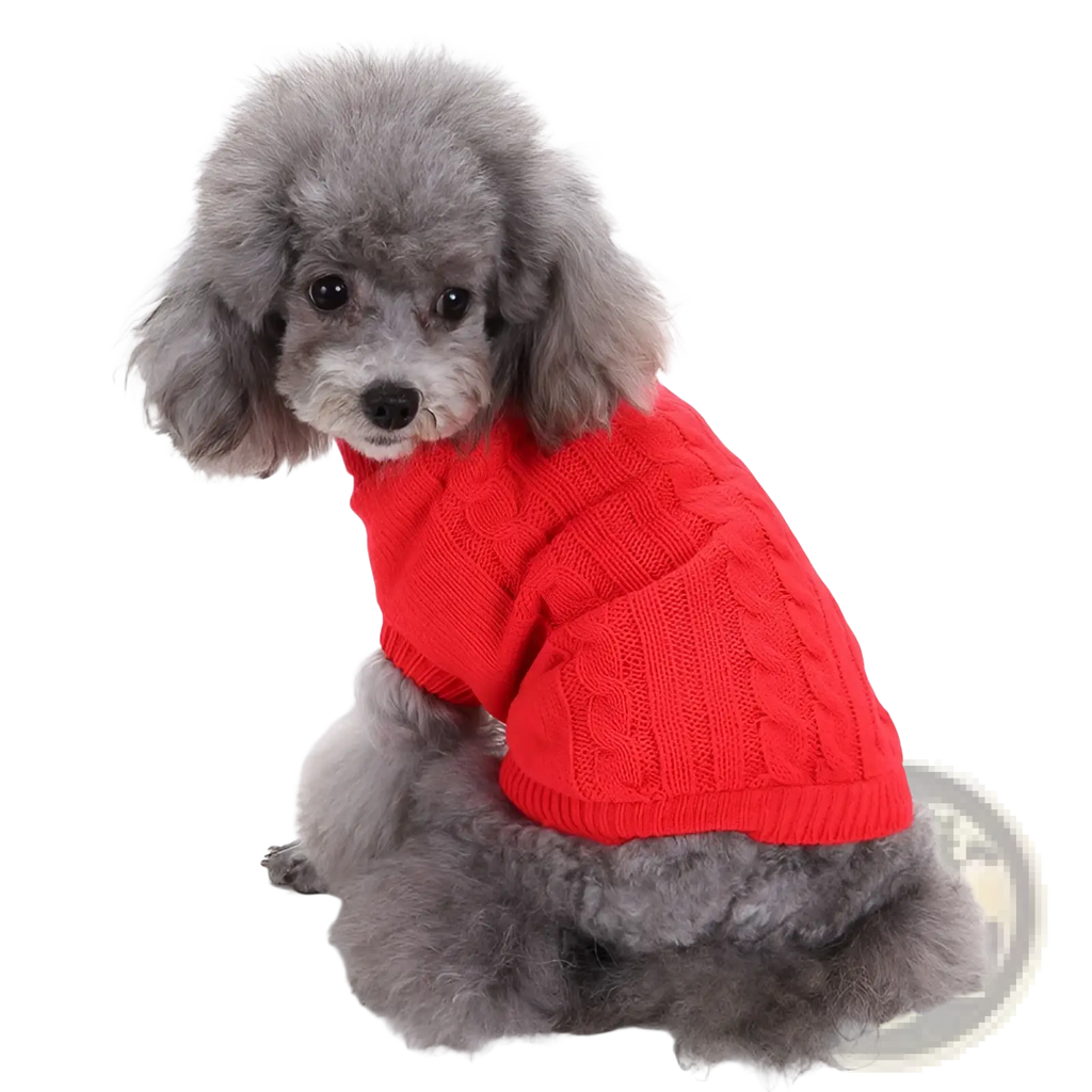 A vibrant red cable knit warm wool dog sweater with cozy textured pattern and snug fit available xs to l