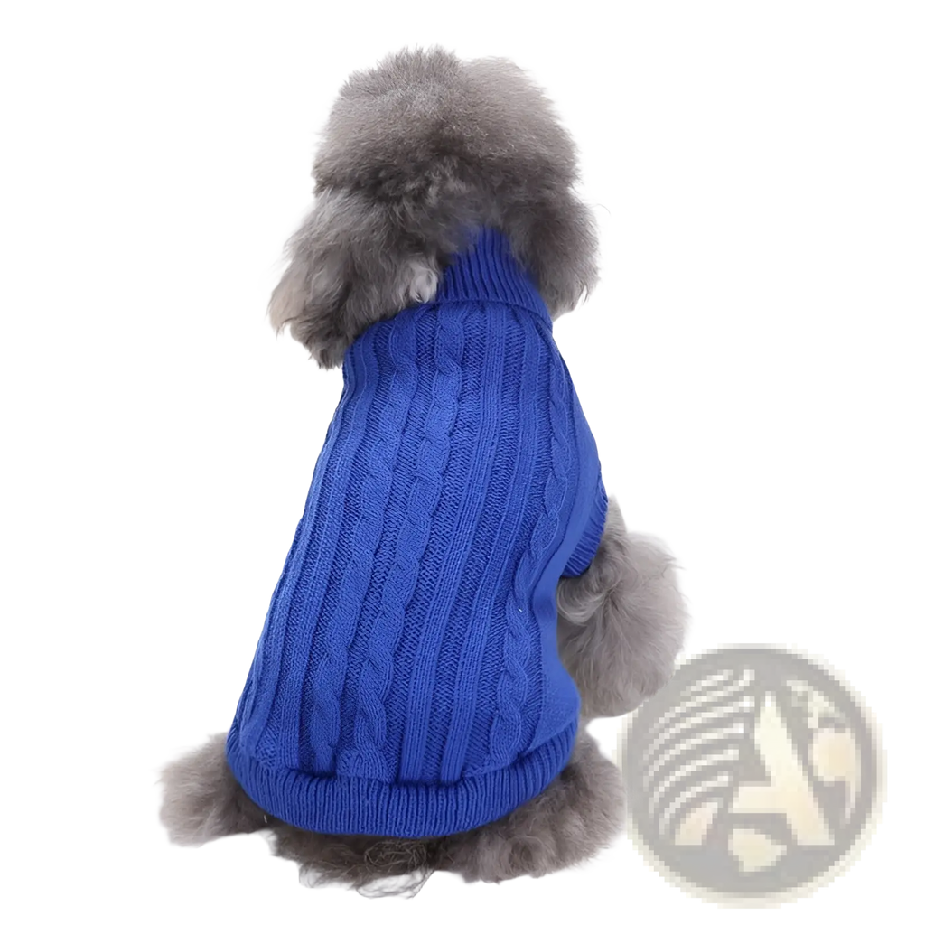 A vibrant royal blue cable-knit wool dog sweater with a cozy high collar designed for small pets xs to l