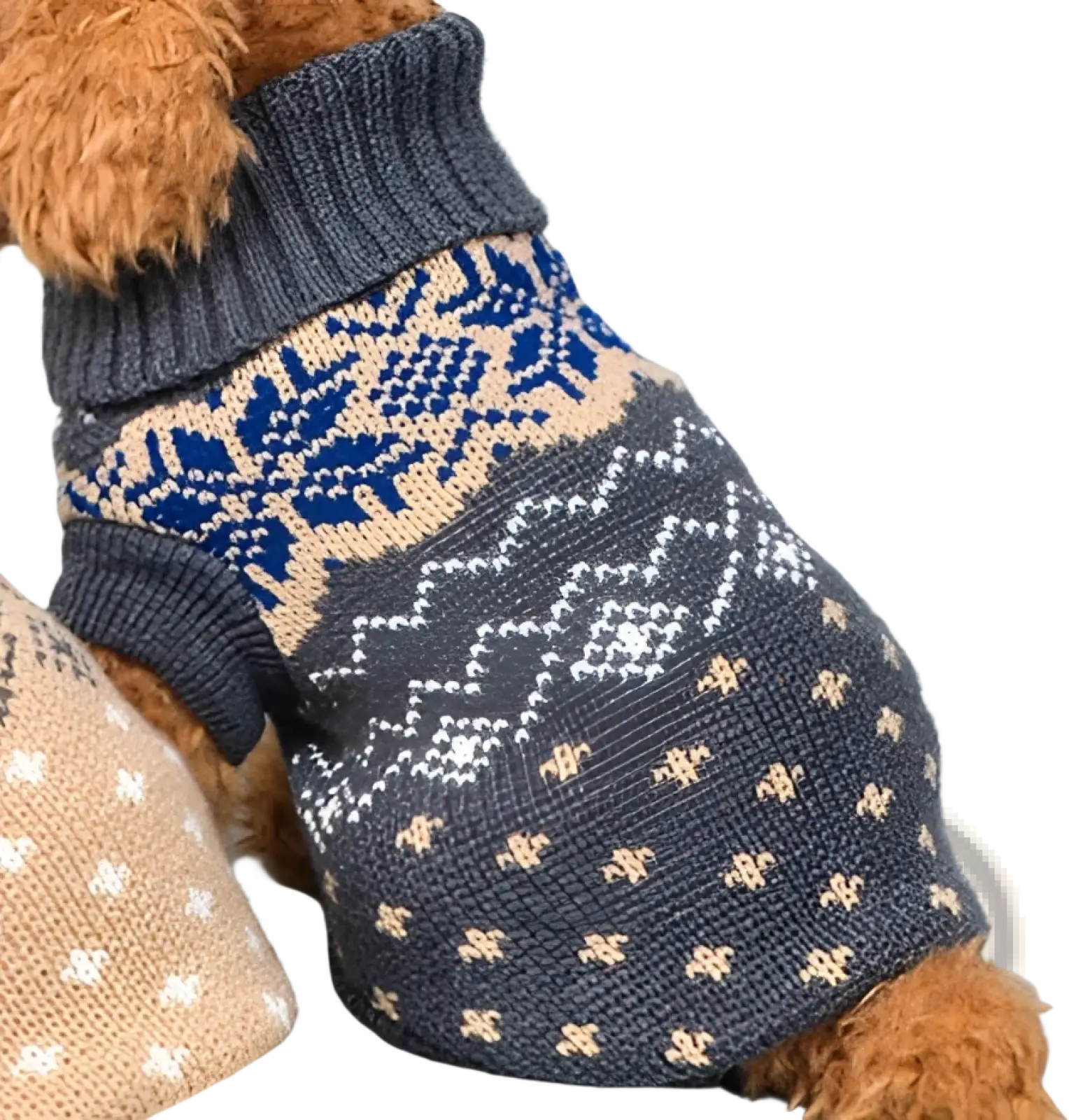 Gray knitted dog sweater with blue and beige nordic patterns beige snowflake winter pet apparel