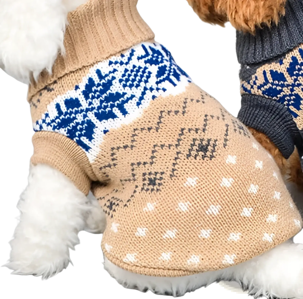 Tan knitted dog sweater featuring blue and white nordic-inspired patterns for winter pet apparel