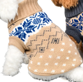 Tan knitted dog sweater featuring blue and white nordic-inspired patterns for winter pet apparel
