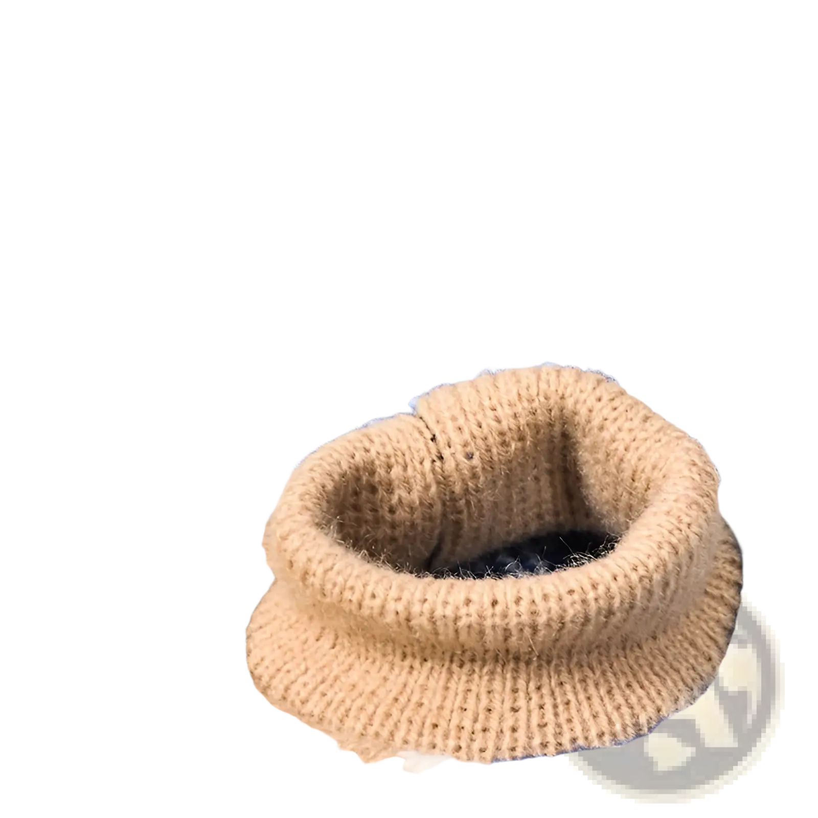 Beige knitted dog sweater with high collar and blue and white geometric snowflake pattern for winter pet apparel