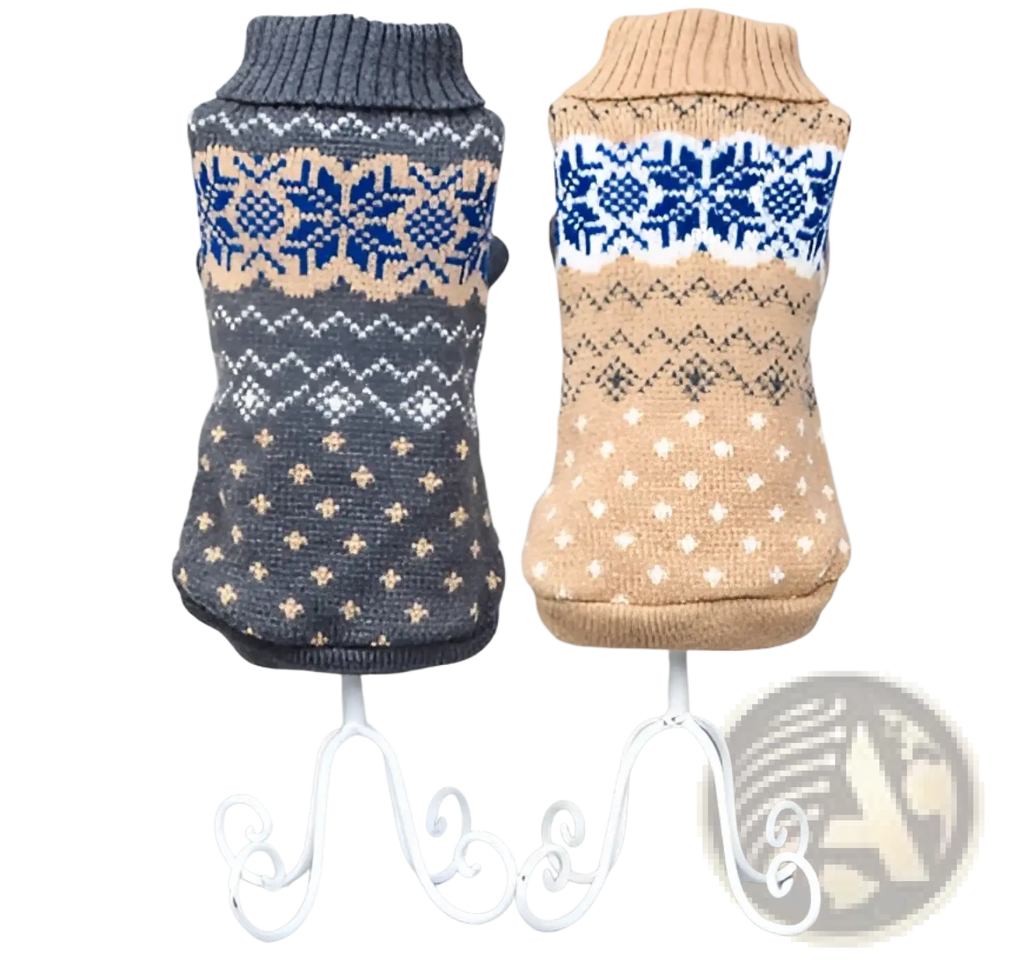Two knitted sweater-style dog outfits in dark gray and tan with beige snowflake patterns for winter pet apparel