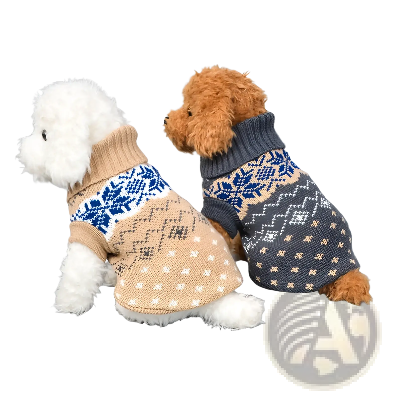 Two fluffy dogs wearing cozy knitted beige and blue snowflake dog sweaters for winter pet apparel