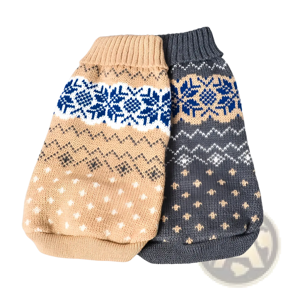 Two knitted dog sweaters in beige and dark gray with nordic snowflake patterns for winter pet apparel