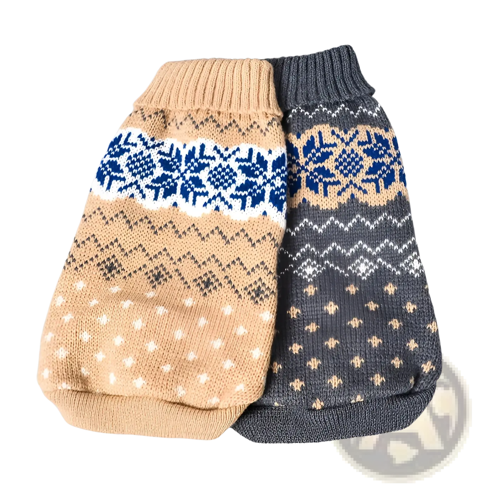 Two knitted dog sweaters in beige and dark gray with nordic snowflake patterns for winter pet apparel