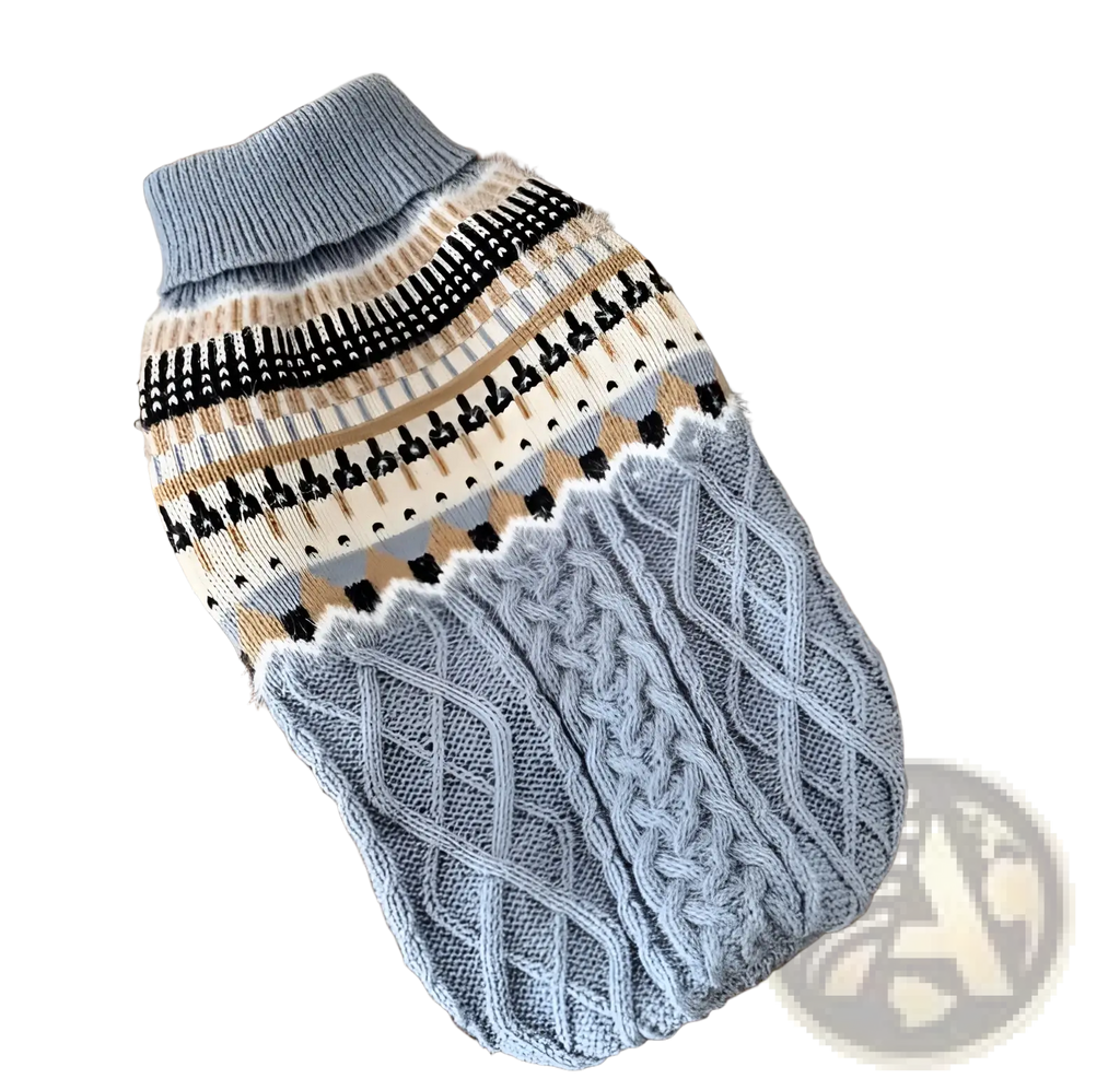 A cozy light blue soft knit dog sweater with black and beige fair isle geometric patterns for pet apparel