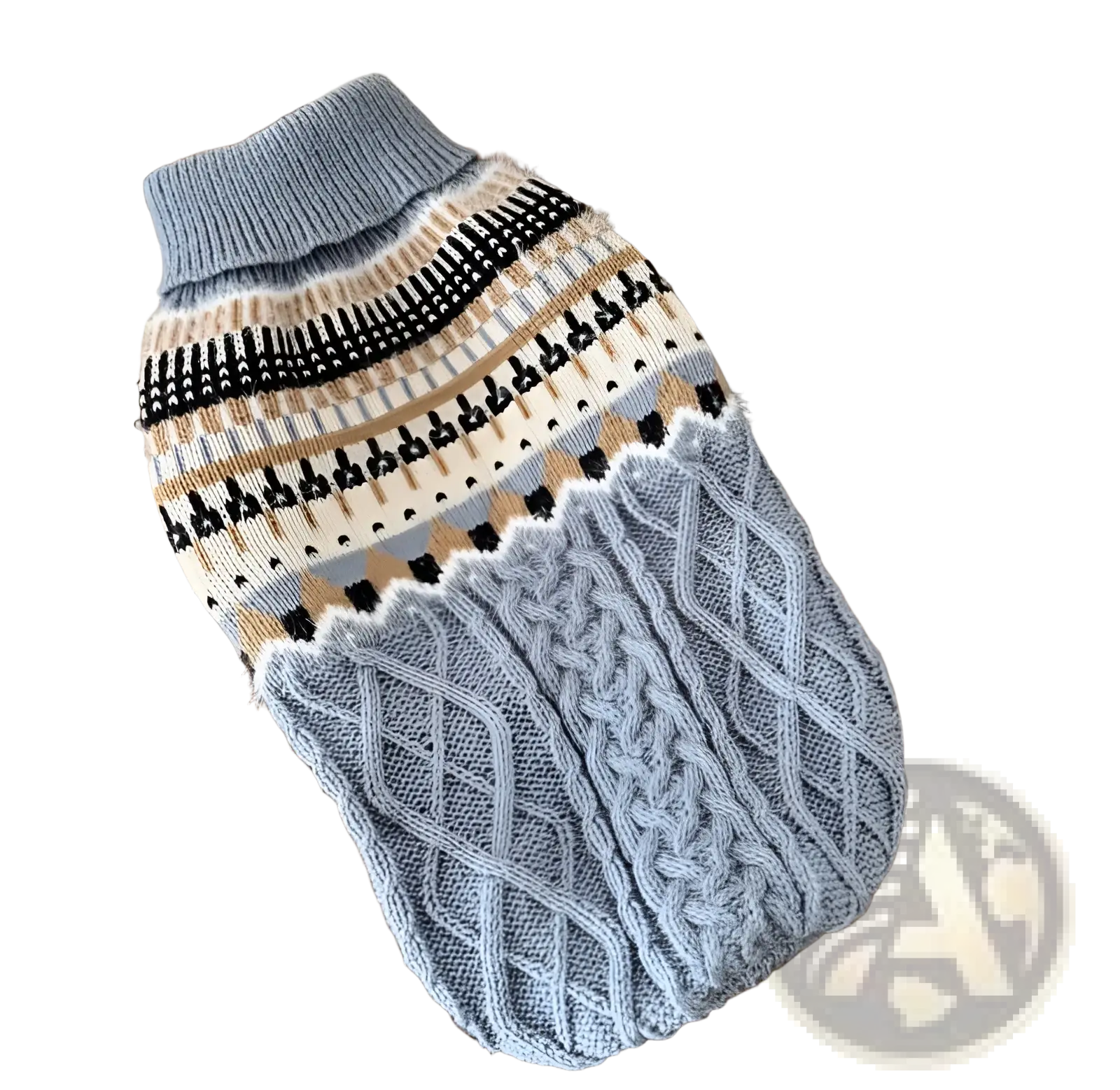 A cozy light blue soft knit dog sweater with black and beige fair isle geometric patterns for pet apparel