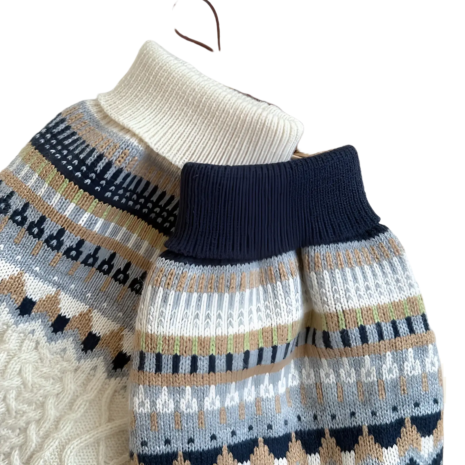A cozy dog sweater in soft knit with high collar and geometric patterns in navy blue beige gray and white