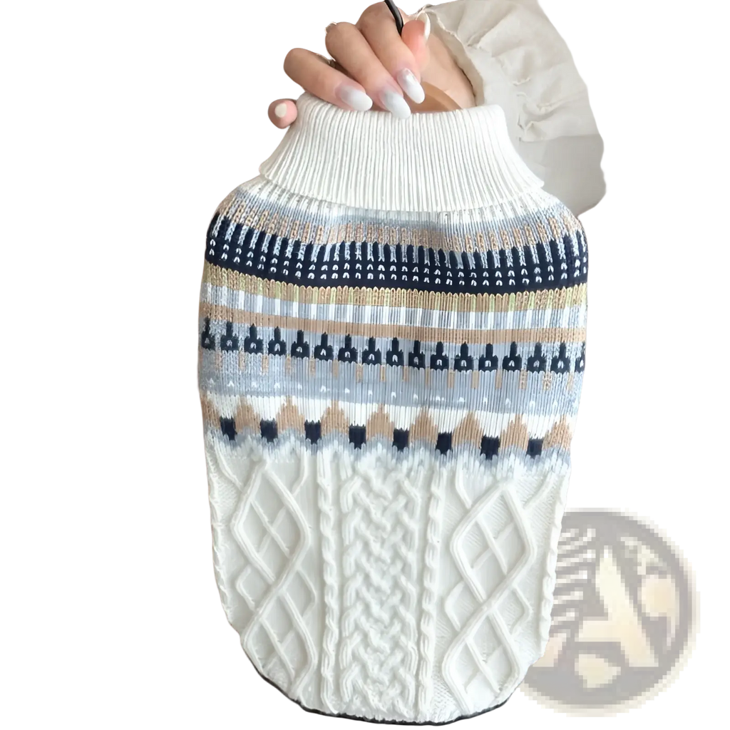 Soft knit fair island blue dog sweater with white ribbed turtleneck and navy beige patterned cable knit bands