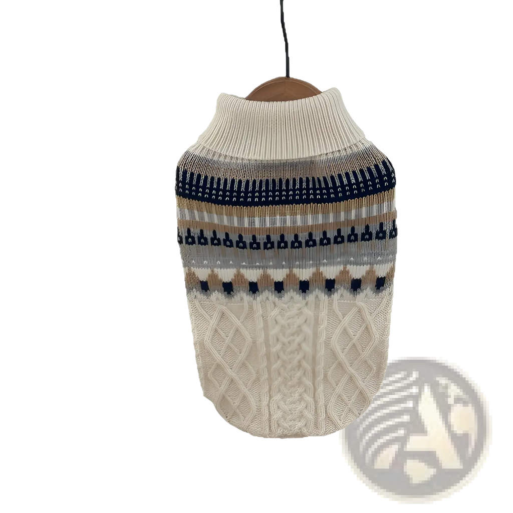 Cream-colored soft knit dog sweater with intricate cable knit and navy beige gray white stripes for pet apparel