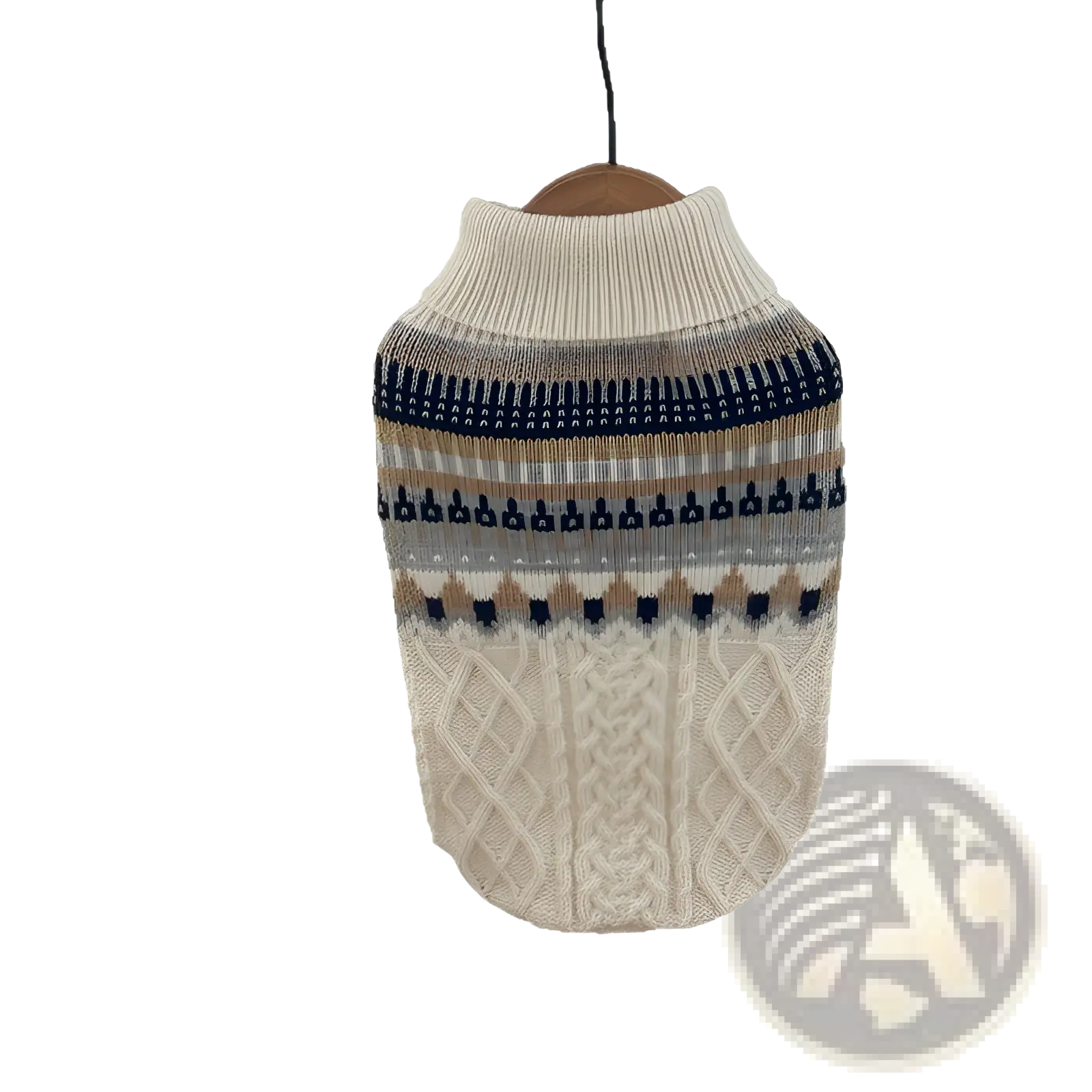 Cream-colored soft knit dog sweater with intricate cable knit and navy beige gray white stripes for pet apparel