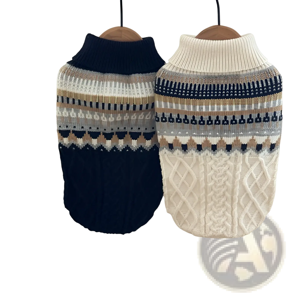 Two soft knit dog sweaters in navy blue and cream featuring fair isle geometric and nordic-inspired patterns