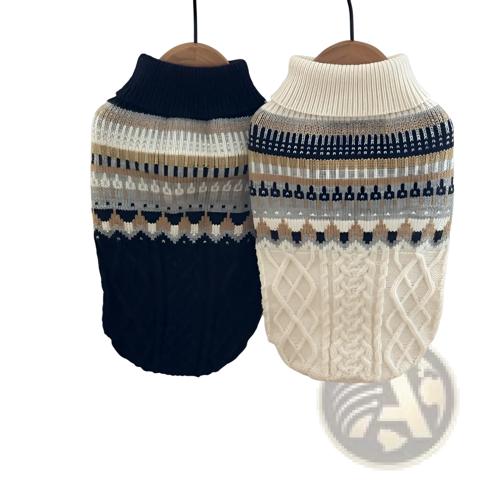 Two soft knit dog sweaters in navy blue and cream featuring fair isle geometric and nordic-inspired patterns