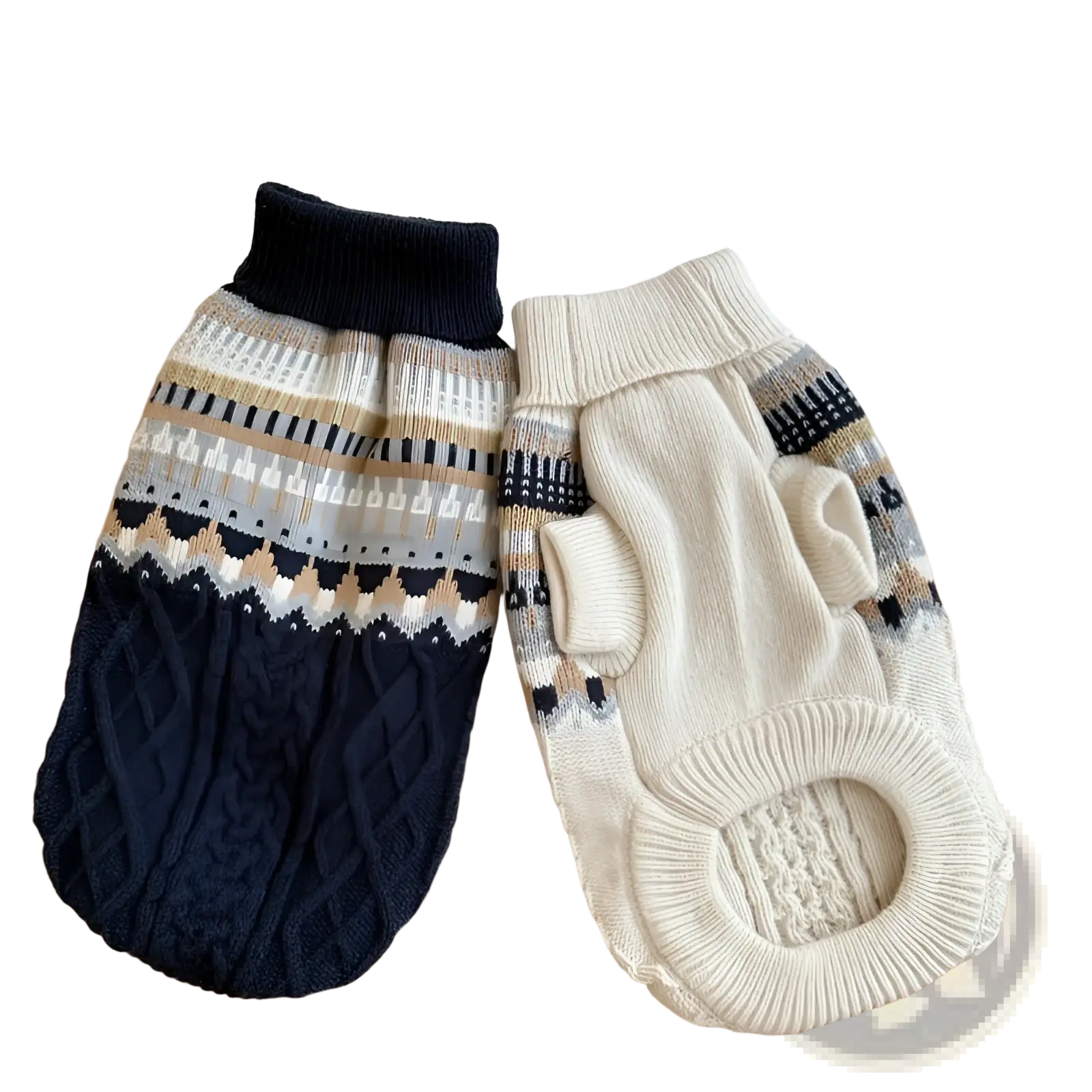 Two knitted dog sweaters in navy blue cable knit and cream soft knit for fair island blue pet apparel