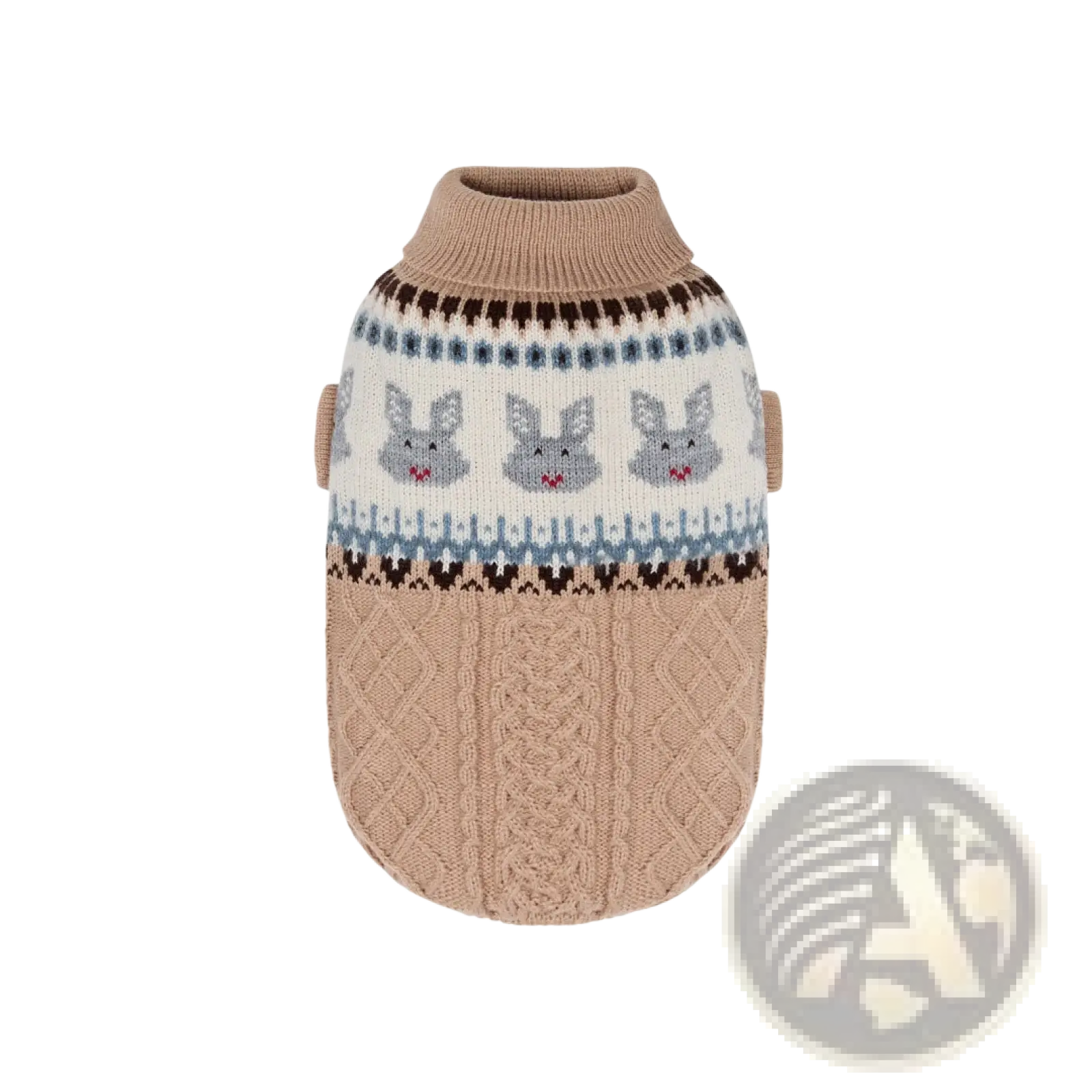 Beige knitted dog sweater with gray bunny faces and blue brown nordic pattern accents in soft fair isle knit
