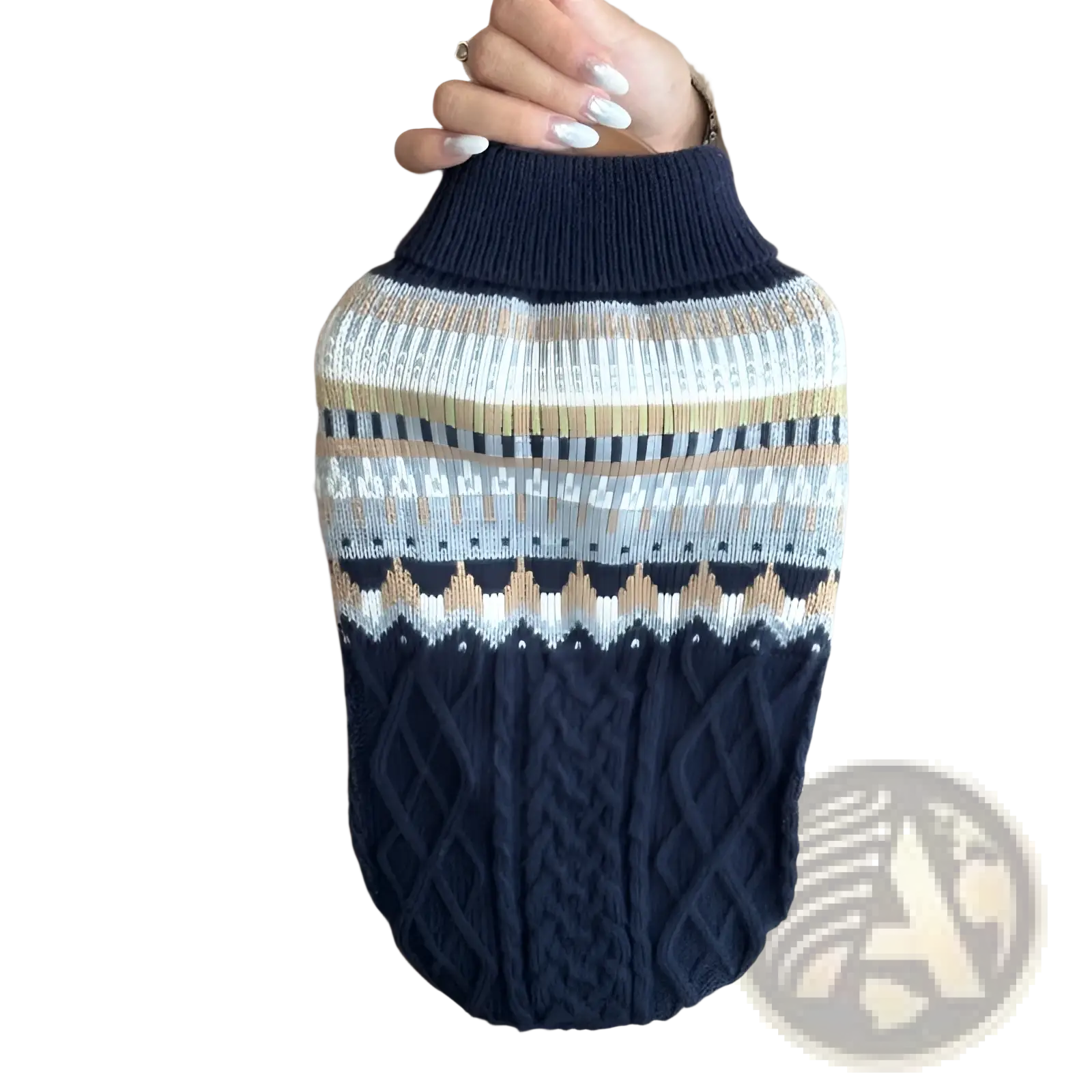 Dog sweater soft knit fair island blue pet apparel navy blue cream beige knitted high collar geometric patterns