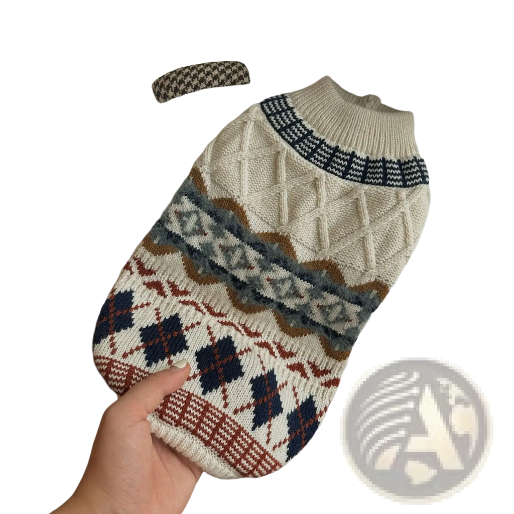 Cozy cream-colored knitted dog sweater with vintage geometric patterns in navy blue rust brown and gray and ribbed neckline