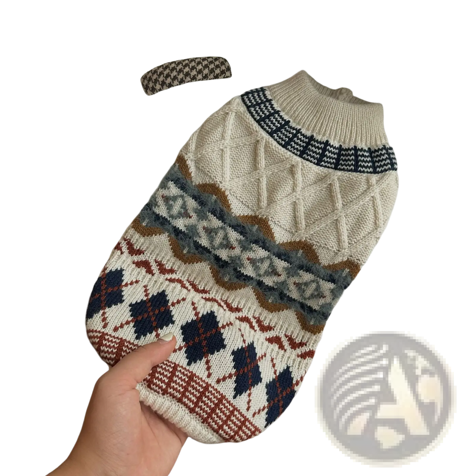 Cozy cream-colored knitted dog sweater with vintage geometric patterns in navy blue rust brown and gray and ribbed neckline
