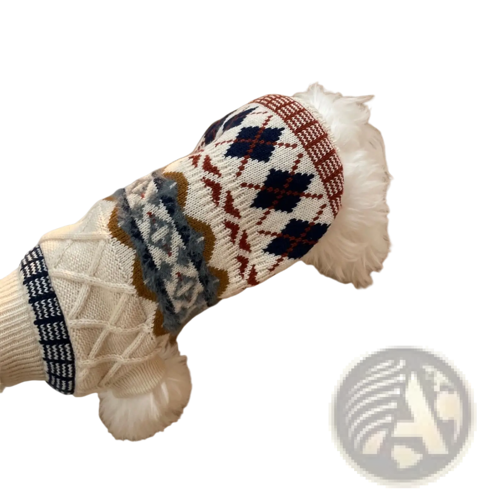 A cozy knitted dog sweater with vintage argyle pattern in cream navy blue and rust featuring decorative pom-poms