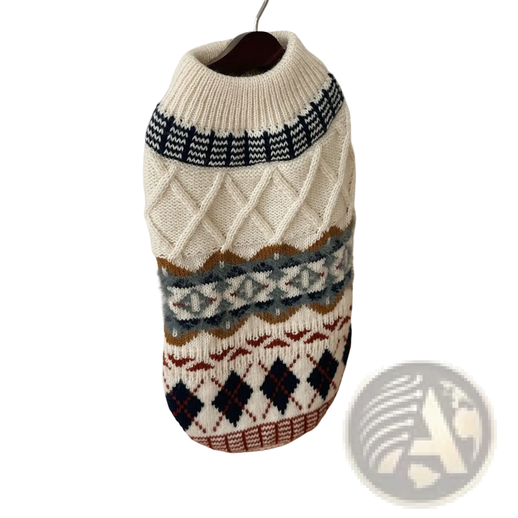 Cream-colored knitted dog sweater with vintage geometric navy gray and rust patterns for pet apparel