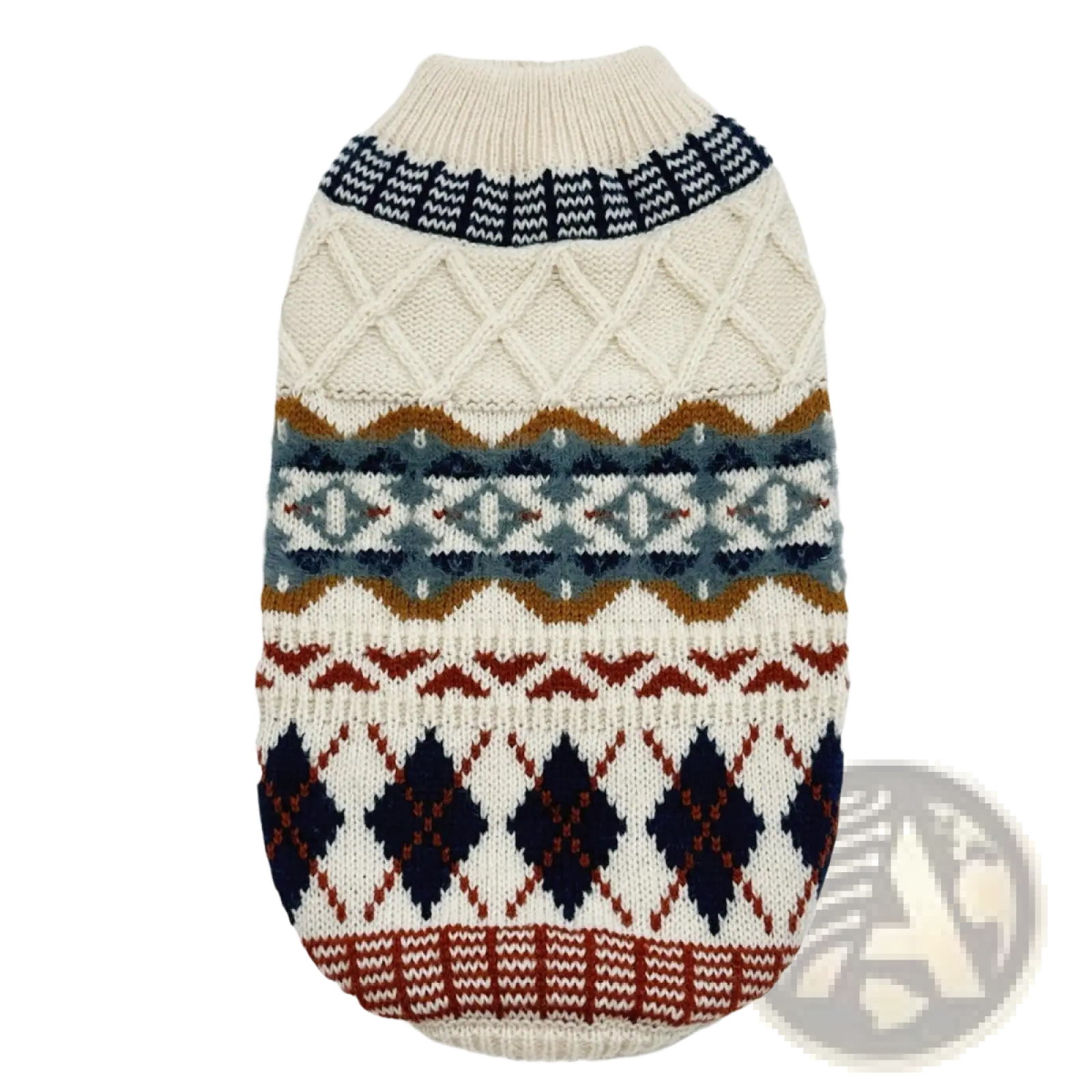 Cream-colored knitted dog sweater with vintage geometric patterns in navy blue rust brown and muted gray with ribbed neckline