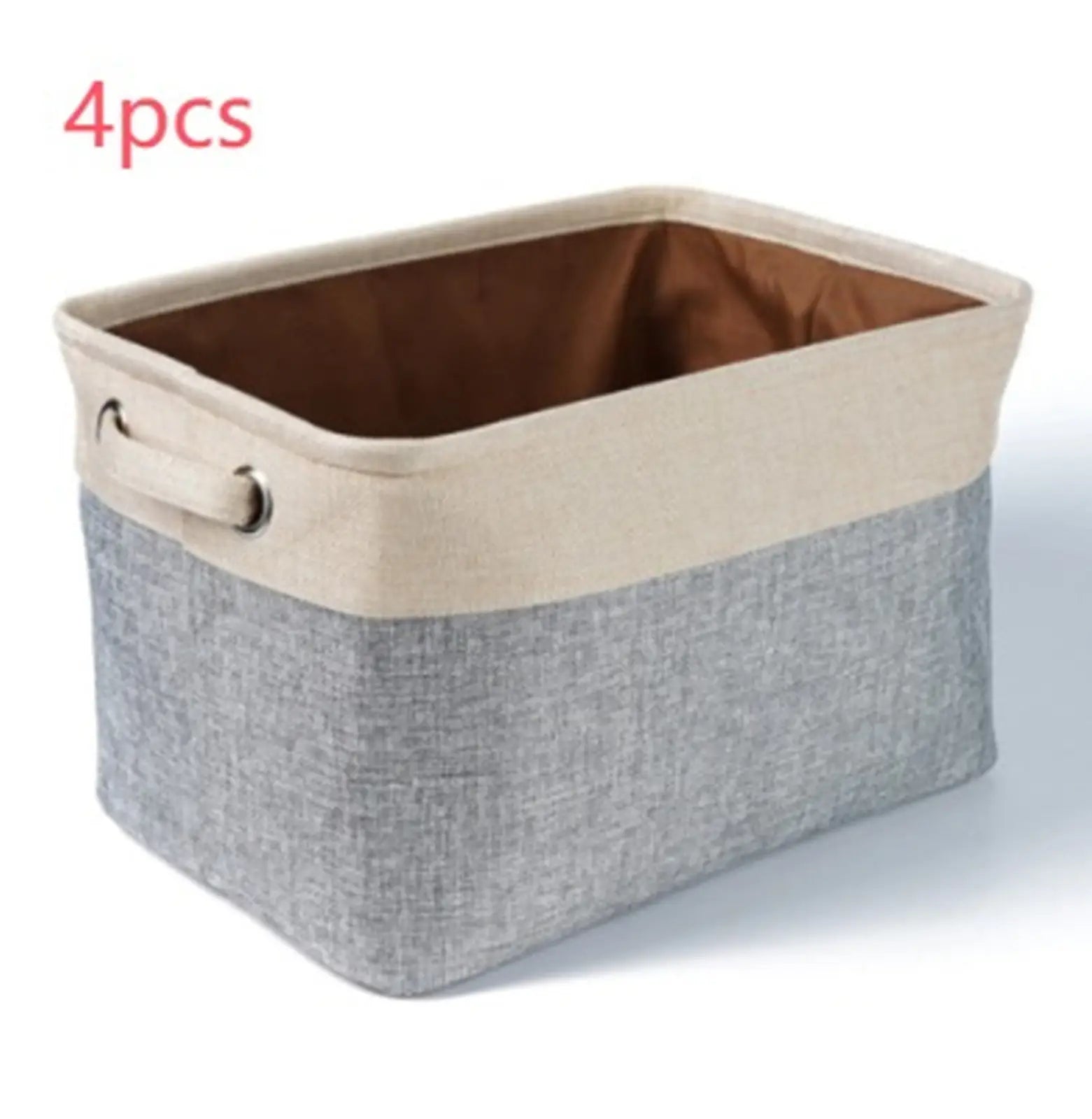 Beige and gray linen fabric storage bin with brown interior lining for organizing dog toys and pet supplies