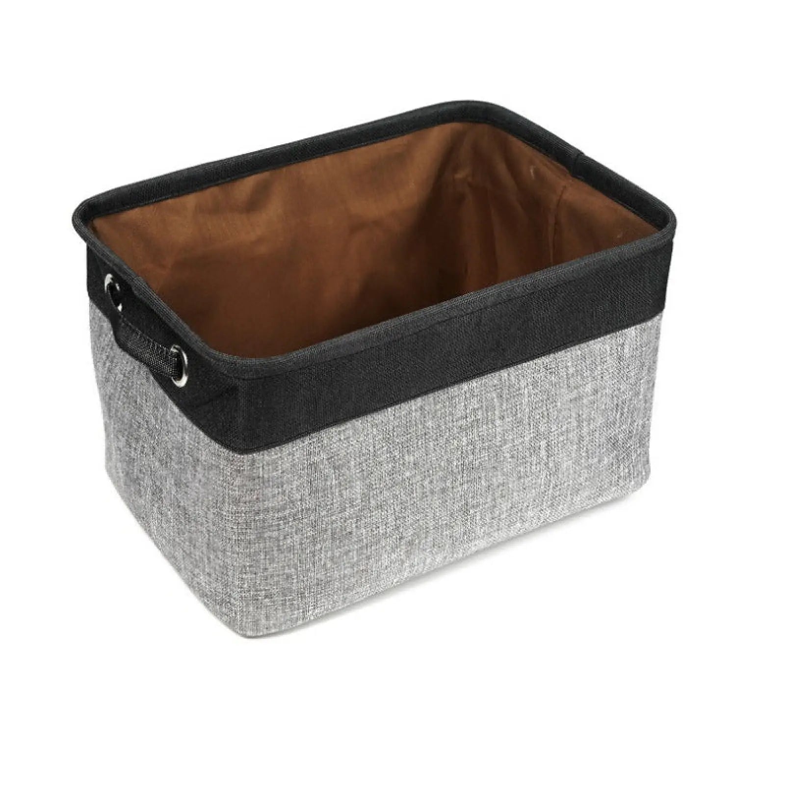 Gray textured fabric dog toy basket with black trim and brown linen interior for pet supplies storage