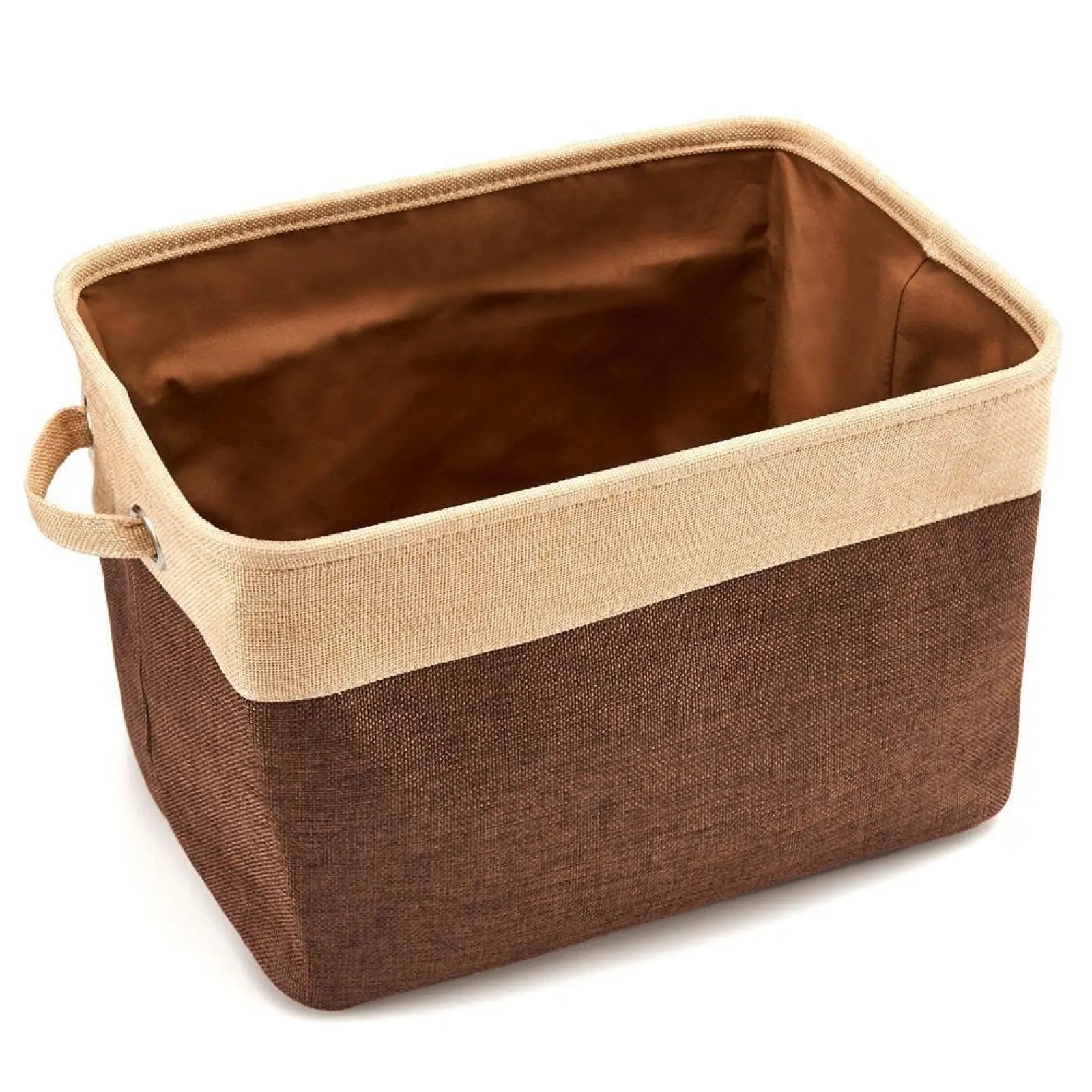 Brown and beige linen storage bin with woven texture and sturdy handle for dog toy and pet supplies organization