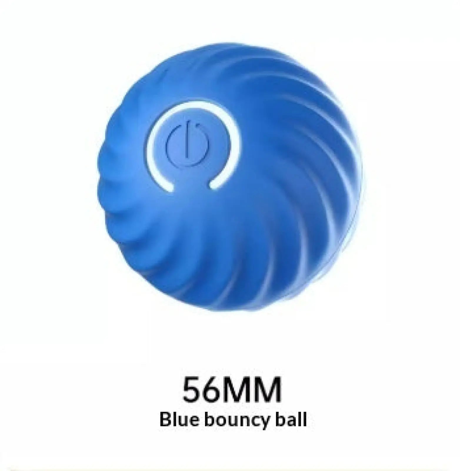 Blue 56mm rubber dog toy ball with ribbed texture and glowing power button for aggressive chewers training