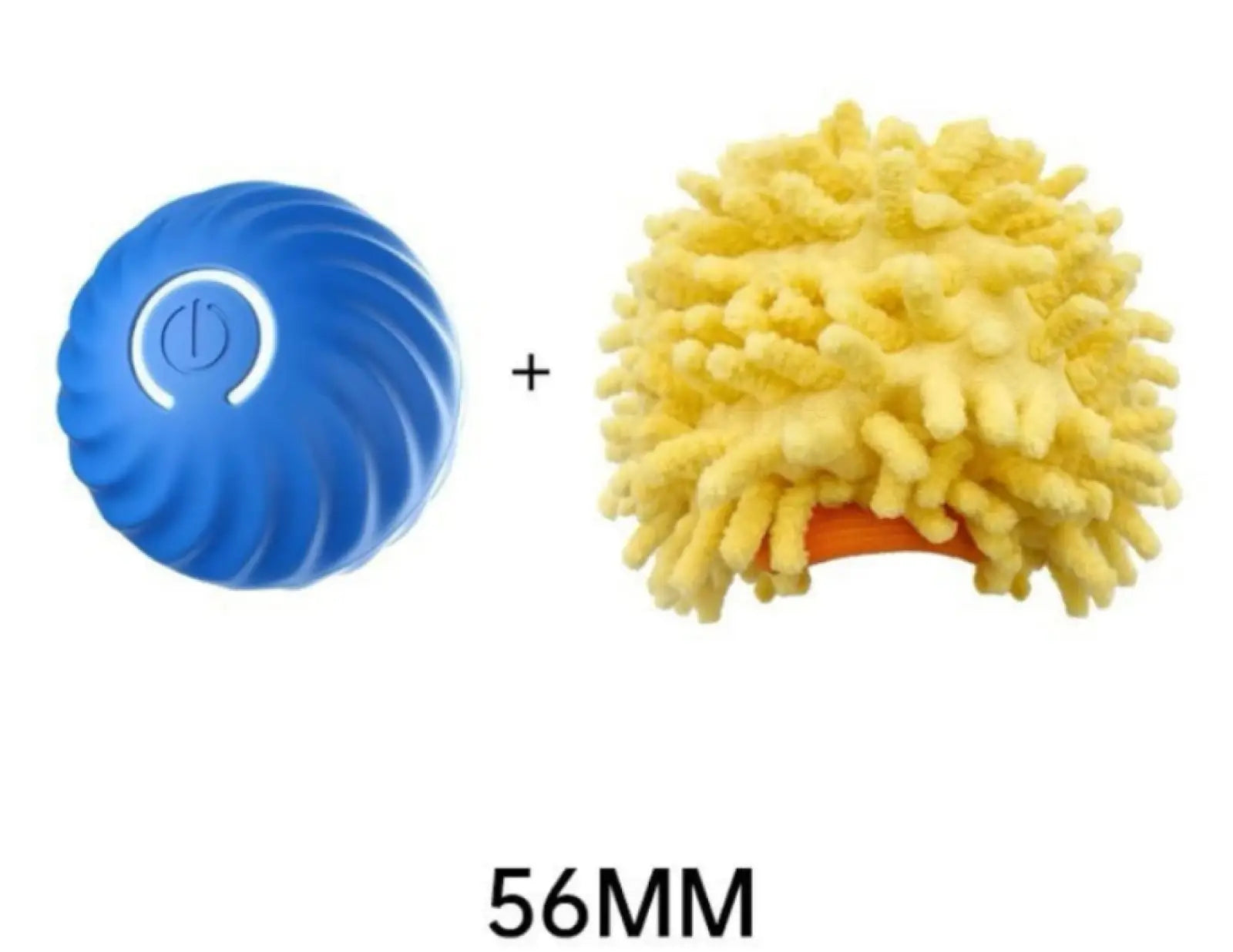 Blue textured rubber ball dog toy with power button symbol and yellow microfiber mop head on orange base for aggressive chewers