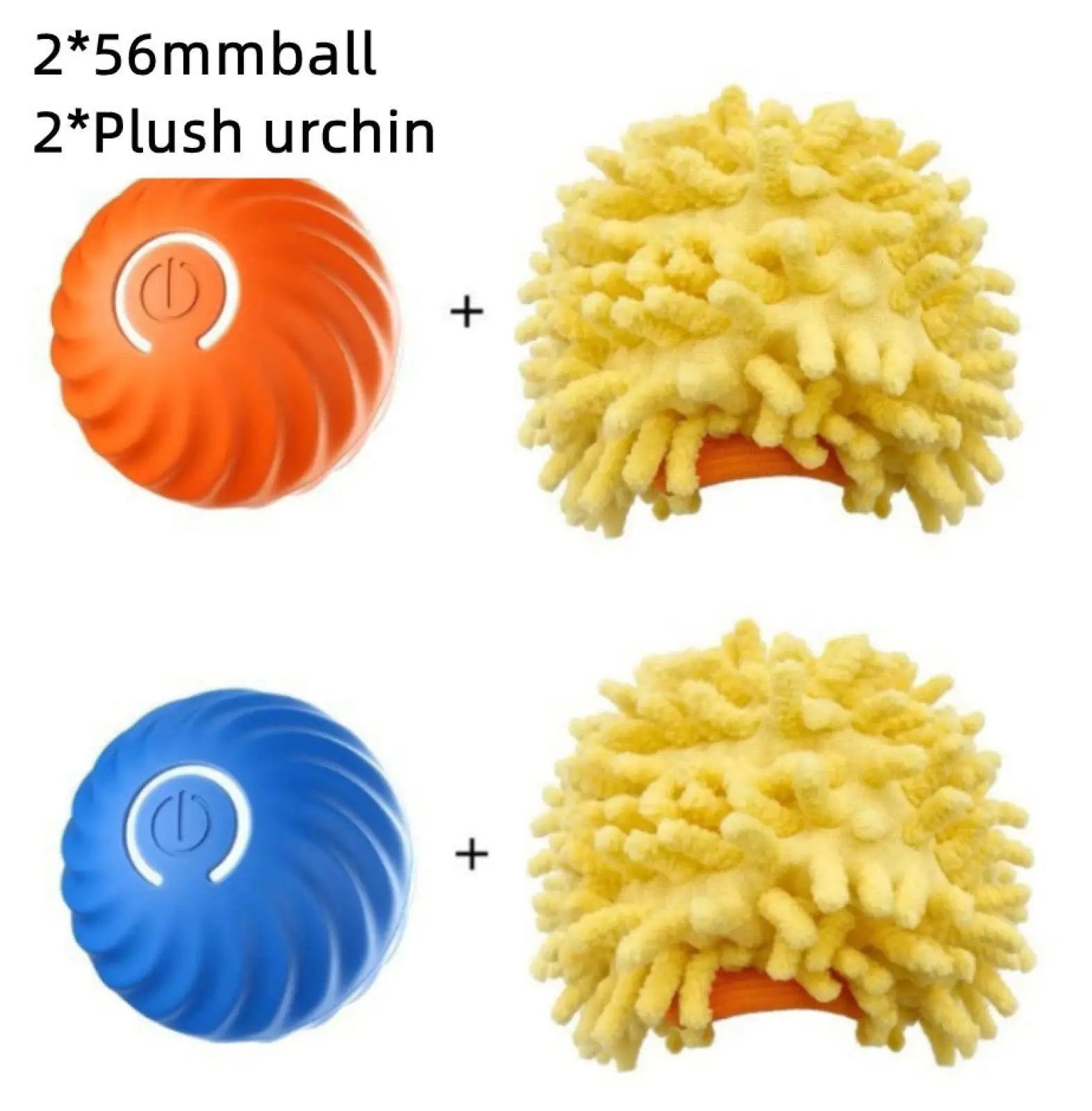 Orange and blue rubber dog toy balls with yellow microfiber bristles for aggressive chewers training and cleaning