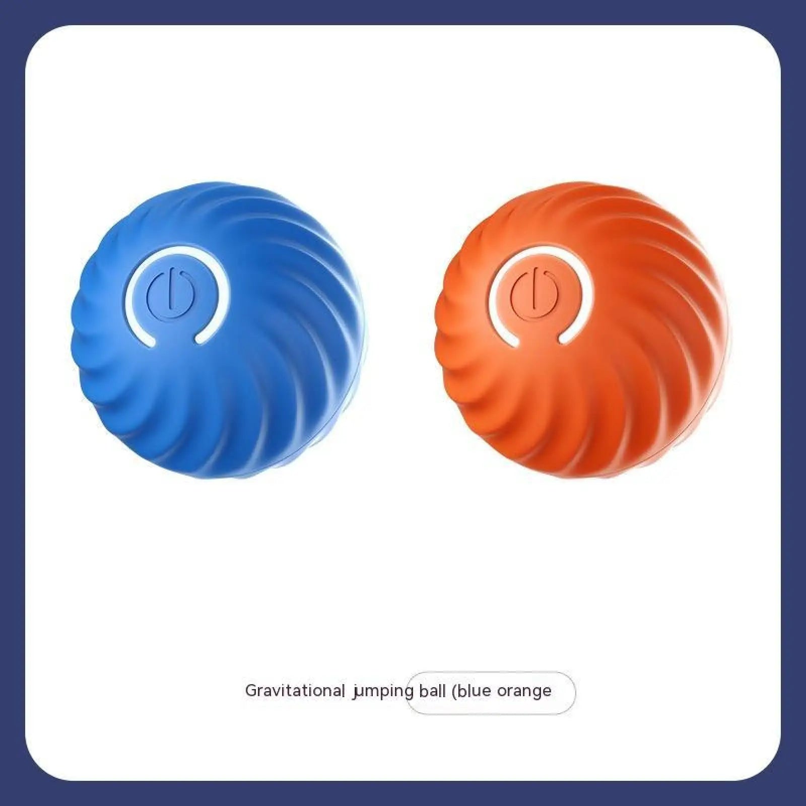 Dog toy rubber ball for aggressive chewers with blue and orange textured ribbed surface and central power button