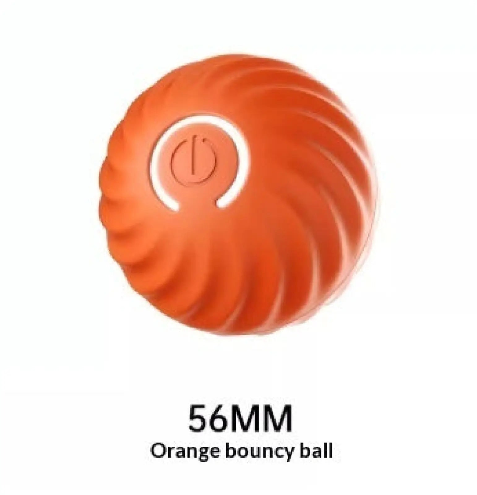 Orange 56mm rubber dog toy ball with textured ribbed surface and white power button for aggressive chewers training