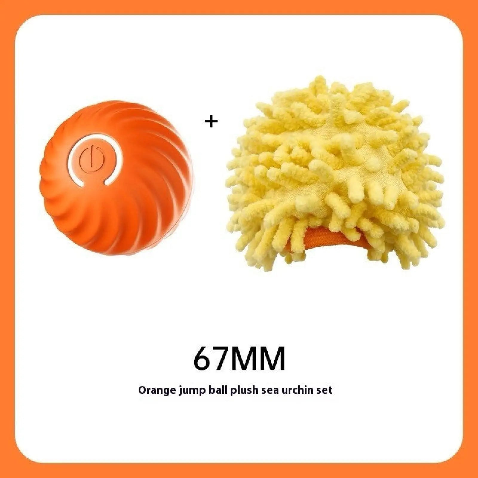 Orange dog toy rubber ball for aggressive chewers with a motorized spiral rubber base and soft yellow fluffy brush head