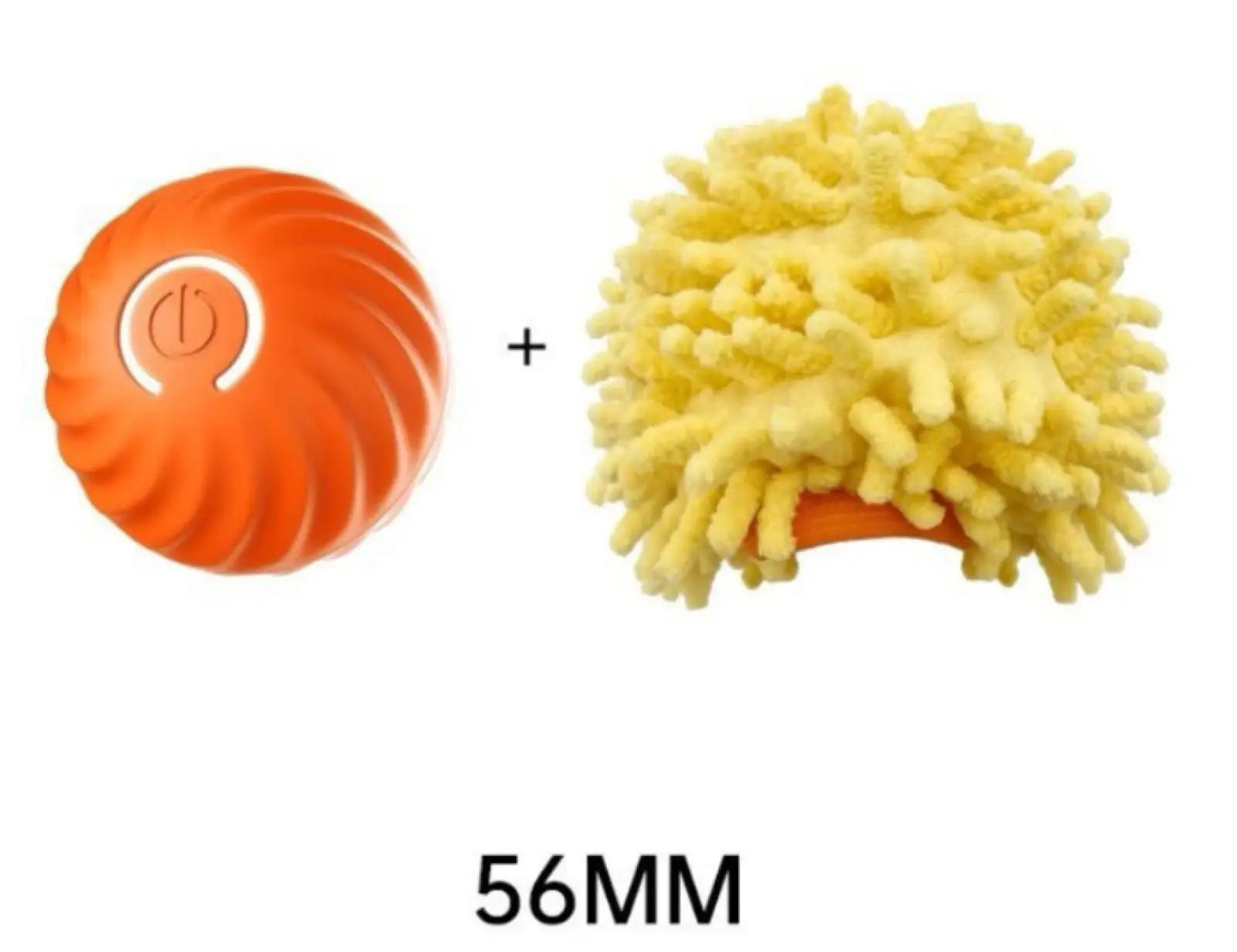 Orange spherical rubber dog toy ball with yellow microfiber brush attachment for aggressive chewers training