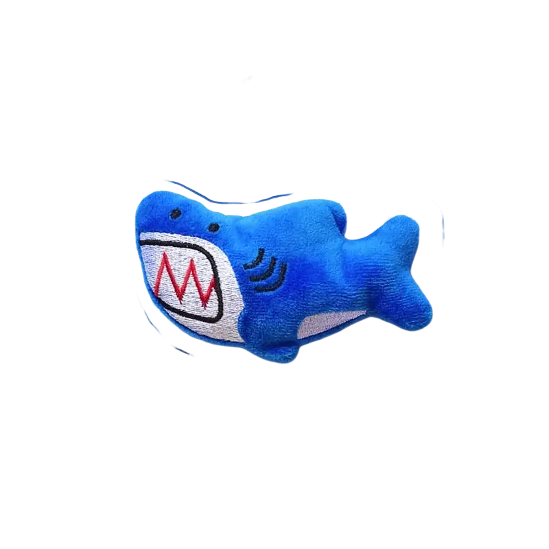 Blue plush deep sea shark dog toys pet featuring embroidered red white teeth black eyes and stitched gray belly
