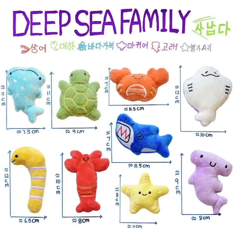 A collection of colorful plush deep sea animal dog toys pet made from soft material featuring interactive designs