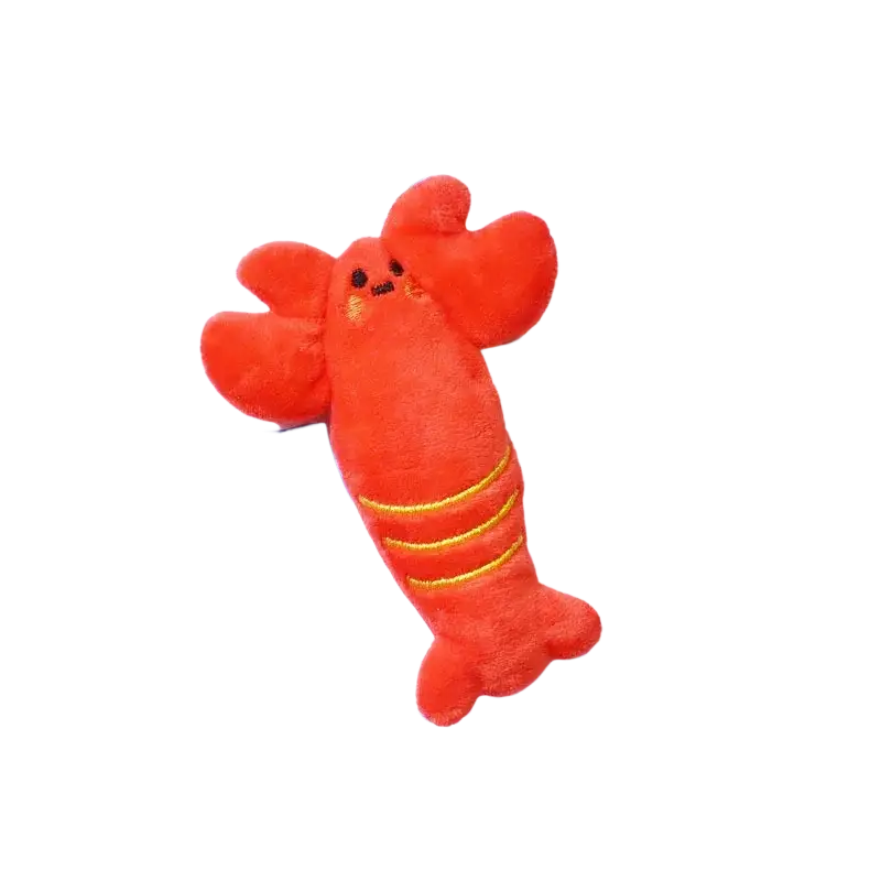 A plush red lobster dog toys pet with yellow stitched stripes and an embroidered face for interactive play