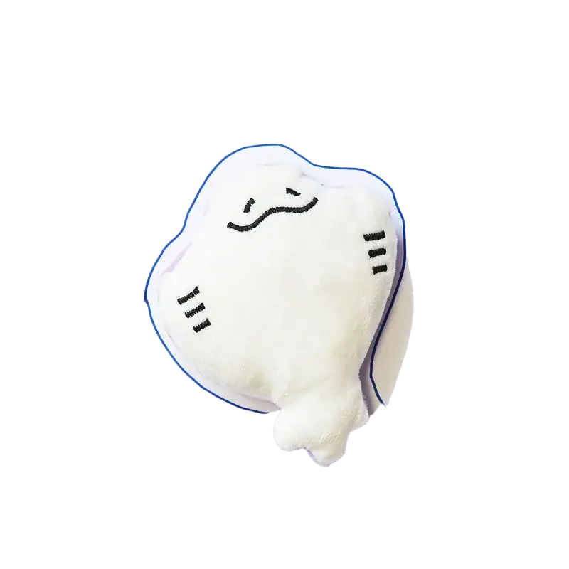 White plush dog toys pet featuring a cartoonish manatee with black embroidered facial features for interactive play