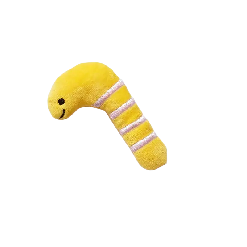 A plush yellow and pink striped caterpillar dog toys pet made of soft material for interactive play and comfort